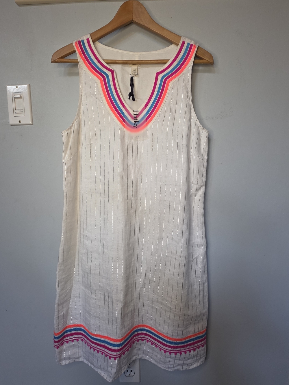100% Linen Shift Dress Rainbow Stripe Boho M